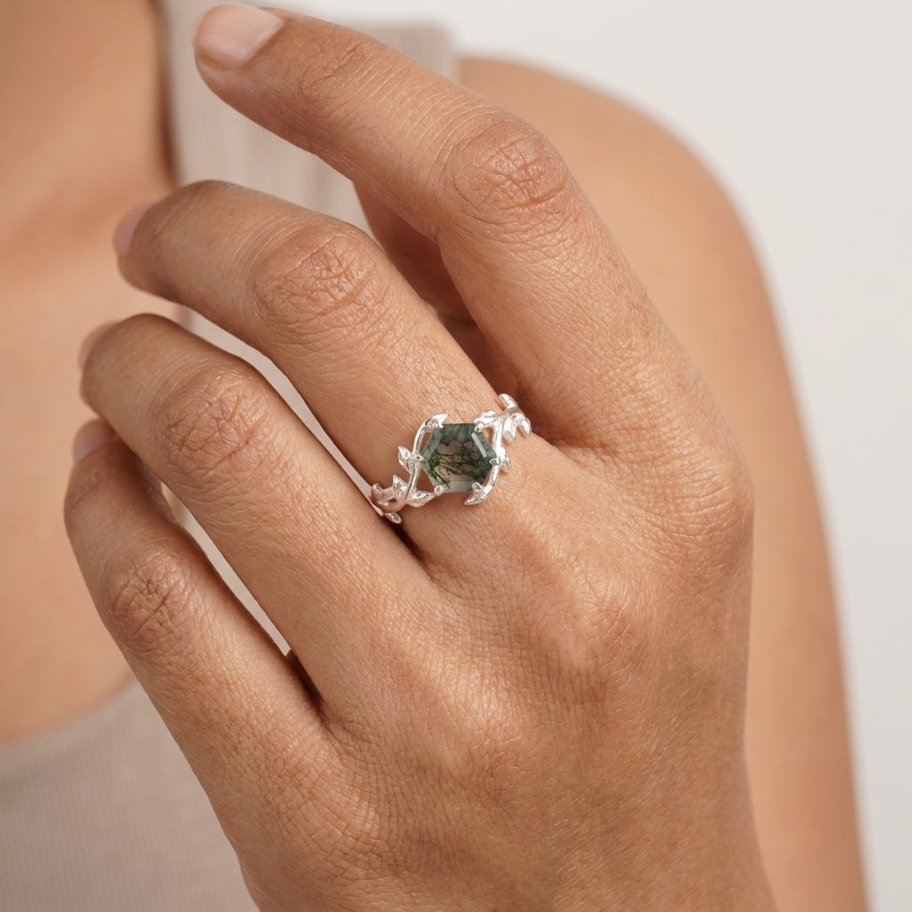 Moss Agate Leaf Hexagon Engagement Ring With Model Finger