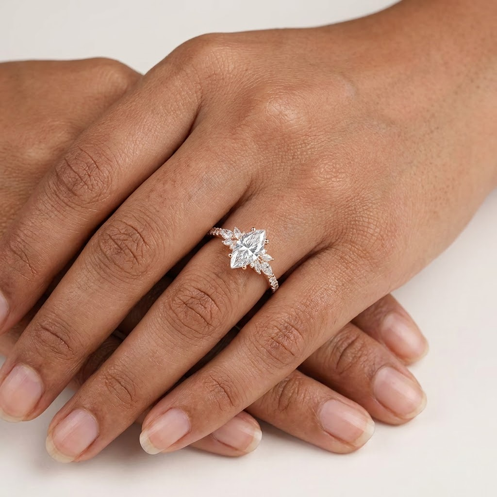 Vintage Marquise Cut Moissanite Engagement Ring With Model Finger