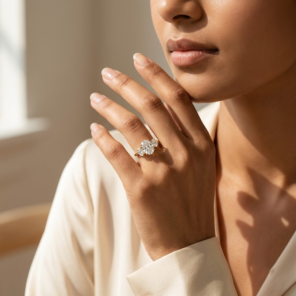 Three Stone Oval Moissanite Ring Engagement Ring With Model