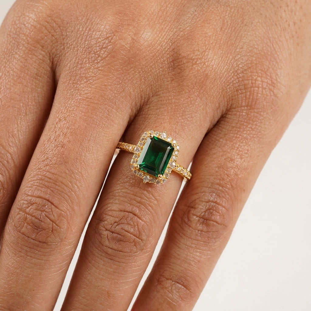 Emerald Cut Cluster Halo Engagement Ring With Model FInger