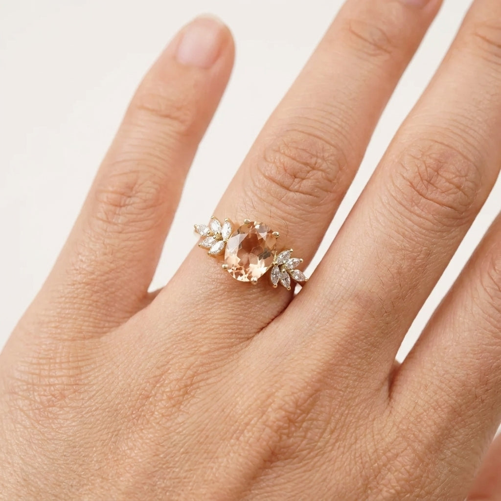 Oval Morganite Gemstone CZ Cluster Engagement Ring With Model Finger