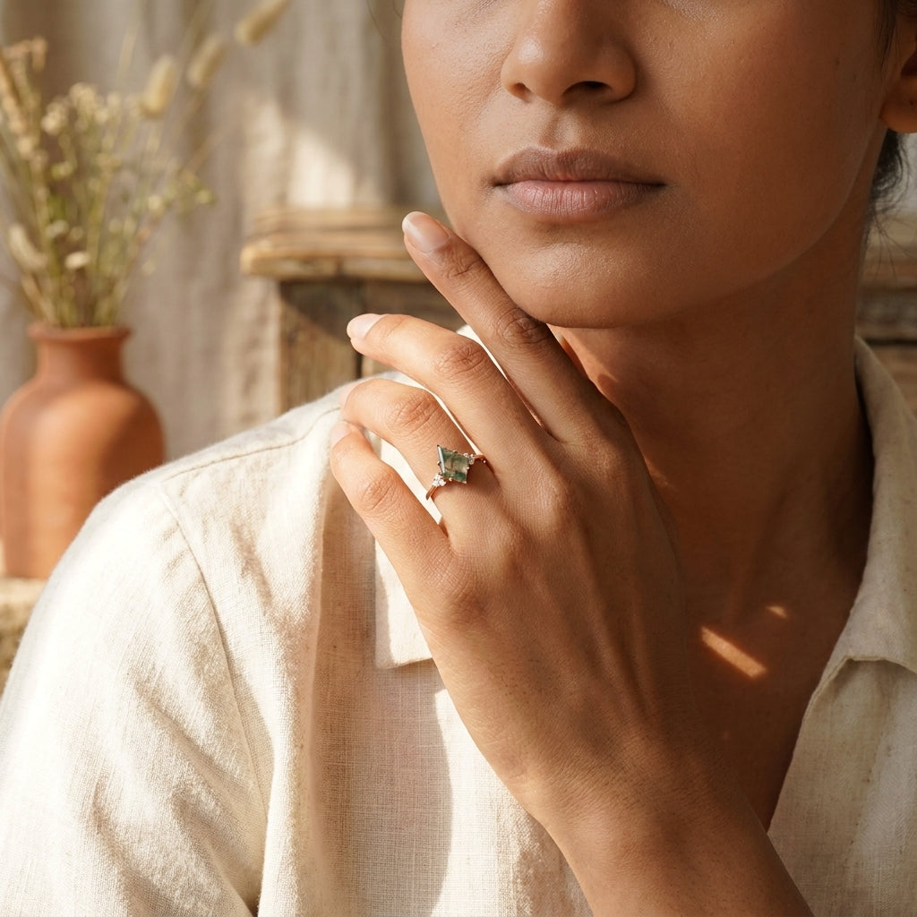Kite Shaped Moss Agate Engagement Ring With Model Hand