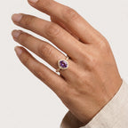 Oval Amethyst Halo Diamond Engagement Ring With Model Finger