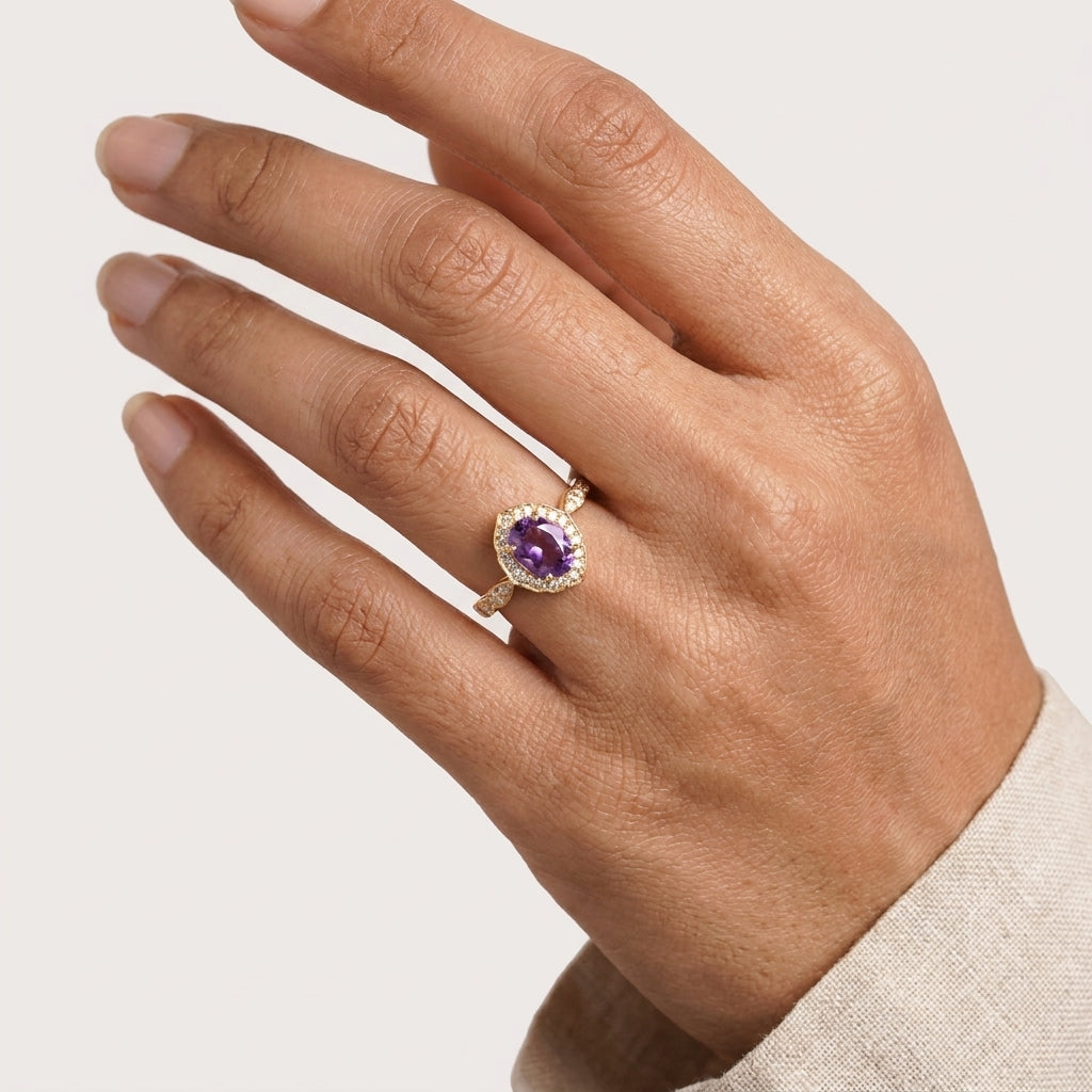 Oval Amethyst Halo Diamond Engagement Ring With Model Finger