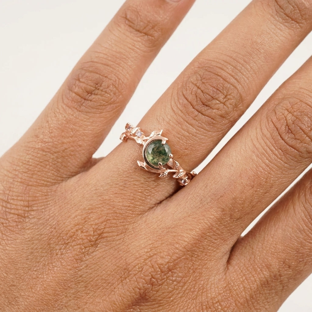 Round Natural Moss Agate Leaf Design Engagement Ring With Model Finger