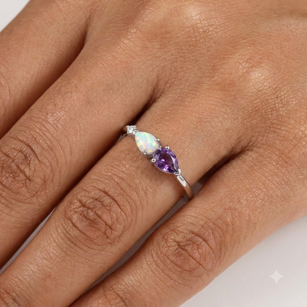 Pear Cut Alexandrite Art Deco Moissanite 3 Stone Wedding Band With Model Finger