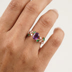 Oval Amethyst & Emerald CZ Cluster Engagement Ring With Model Finger