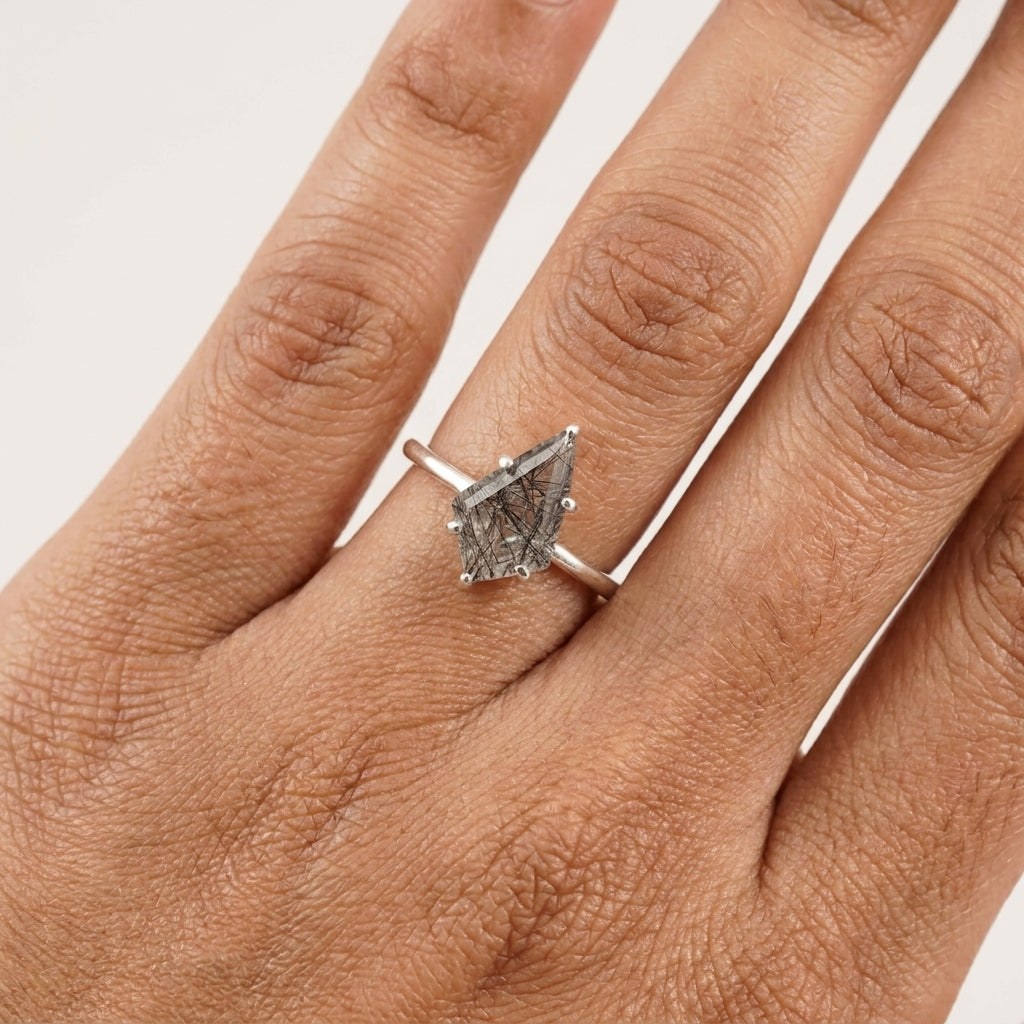 Kite Shaped Black Rutile Quartz Ring WIth Model Finger