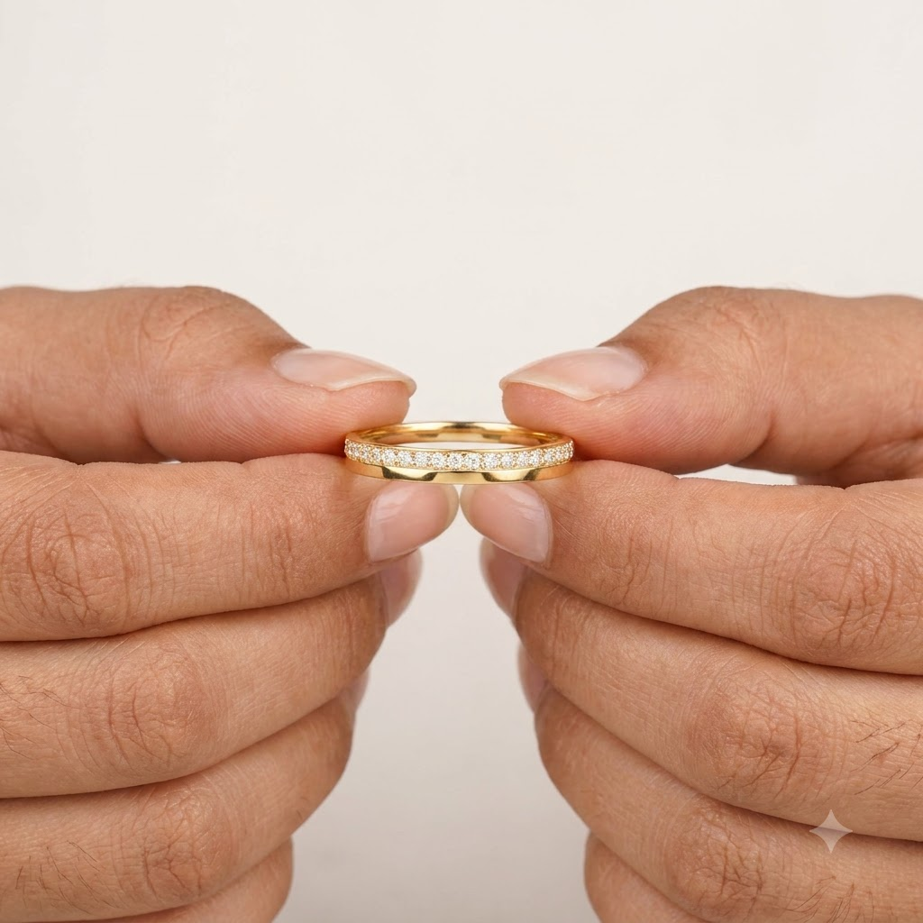 14K Gold Moissanite Half Eternity Band With Model Hand