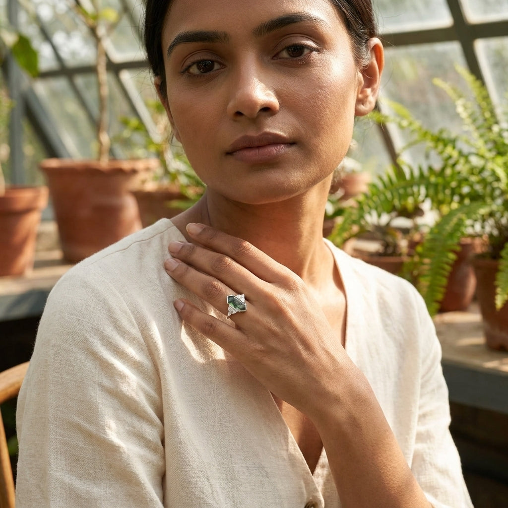 Moss Agate Hexagon Engagement Ring With Model