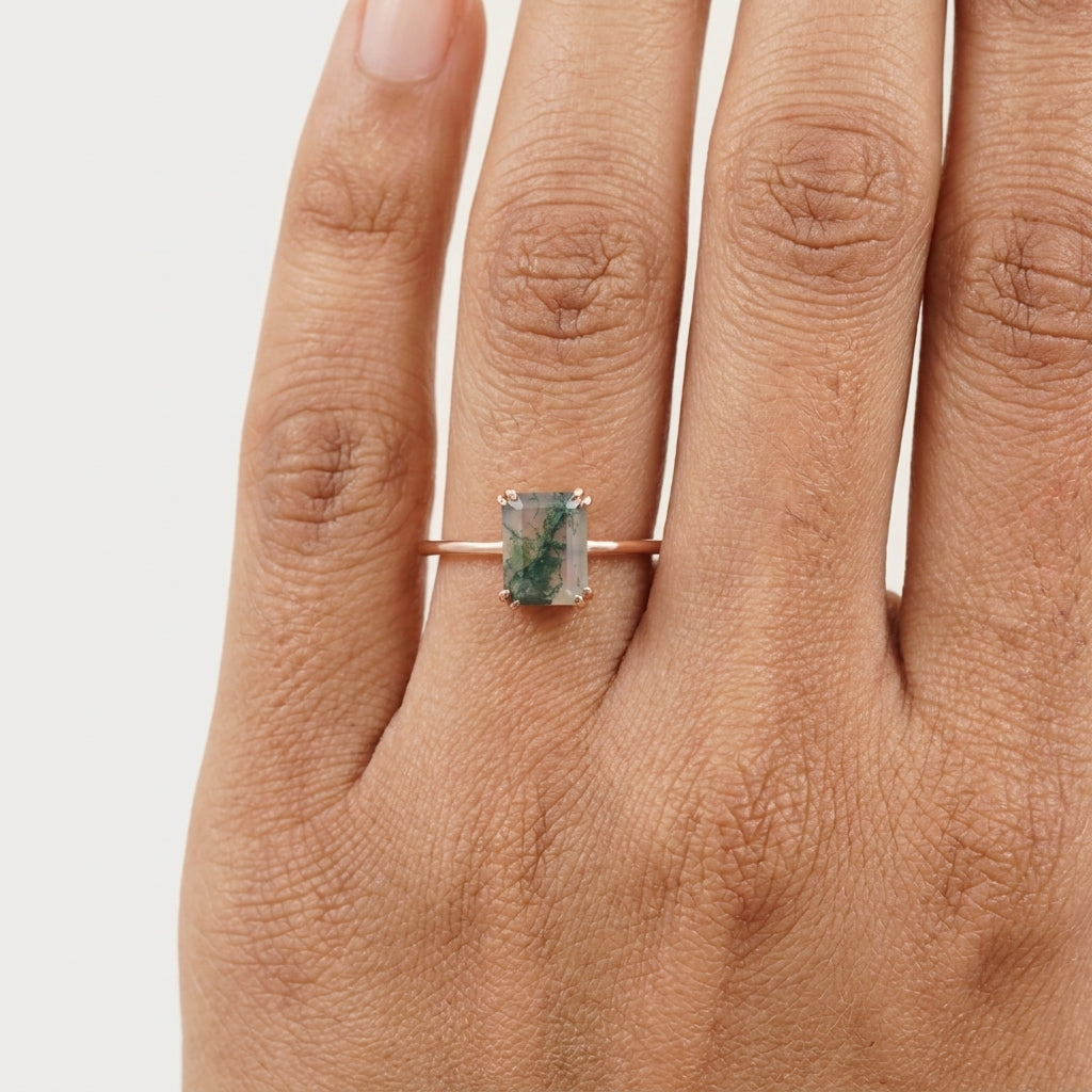 Emerald Cut Moss Agate Green Gemstone Solitaire Ring With Model Finger