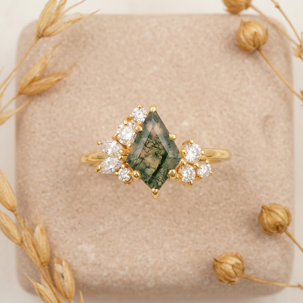 Kite Cut Moss Agate Cluster Diamond Engagement Ring On Table