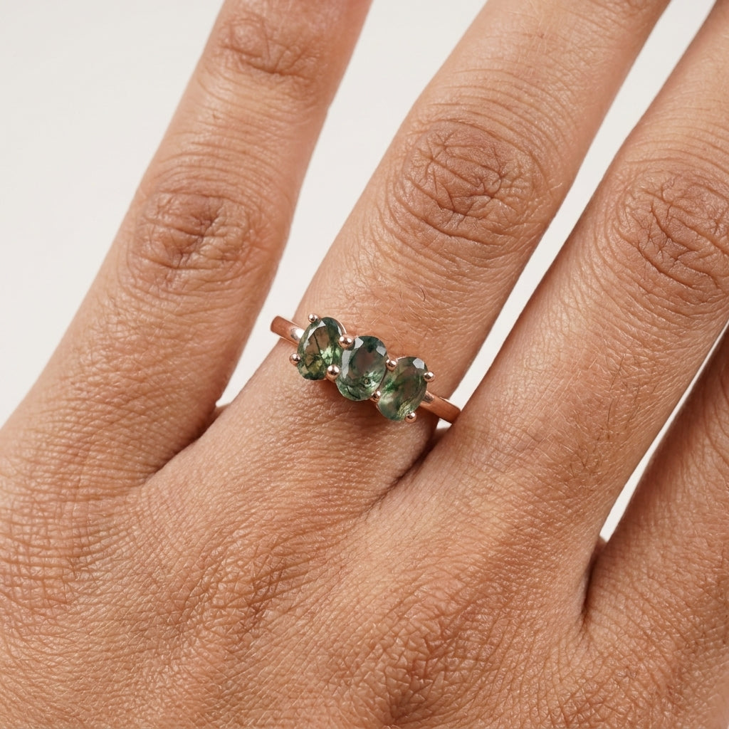 Oval Moss Agate Stacking Ring Three Stone Ring With Model Finger