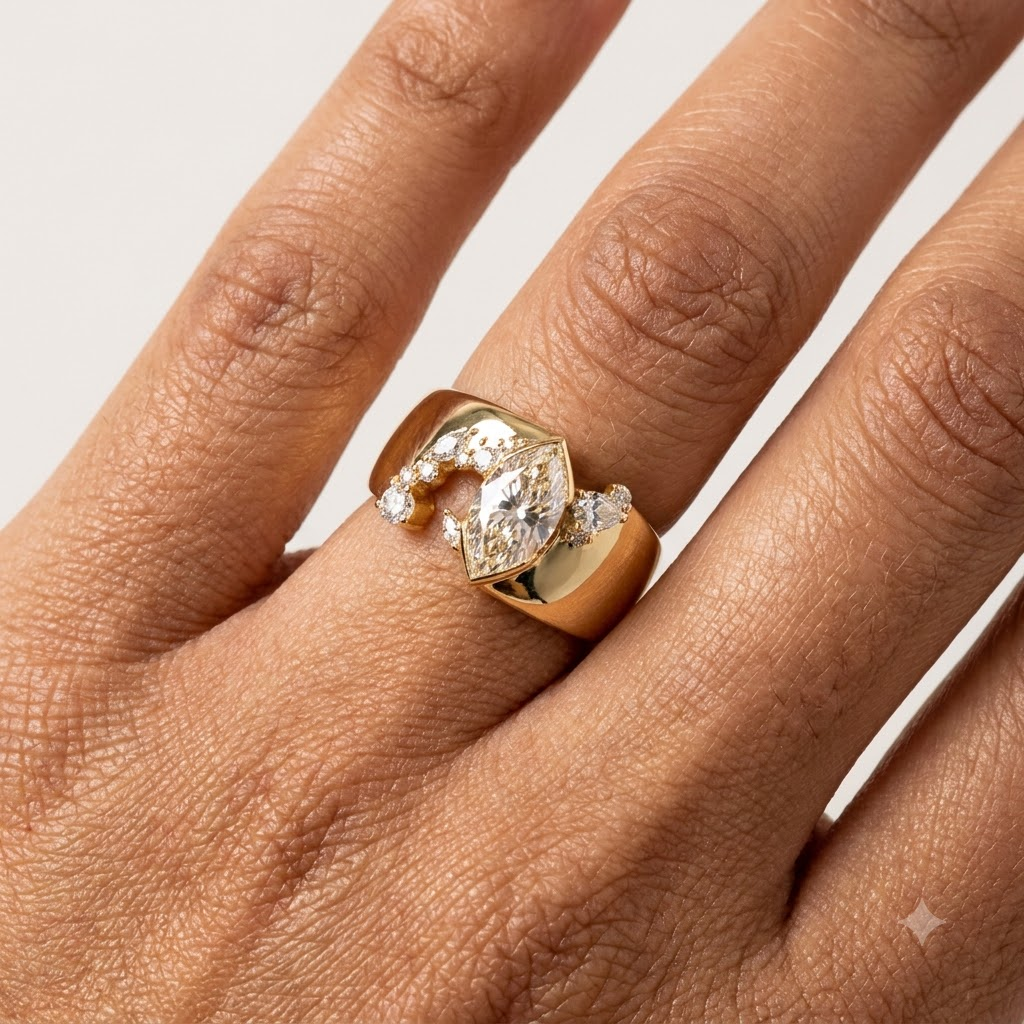 Marquise Moissanite Gold Fractured Cigar Band With Model Finger