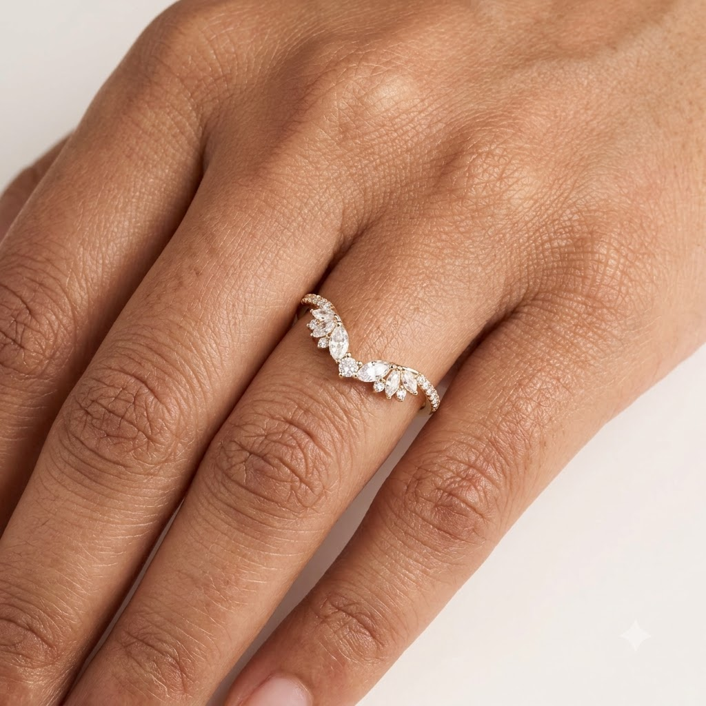 Floral Moissanite Wedding Band With Model Finger