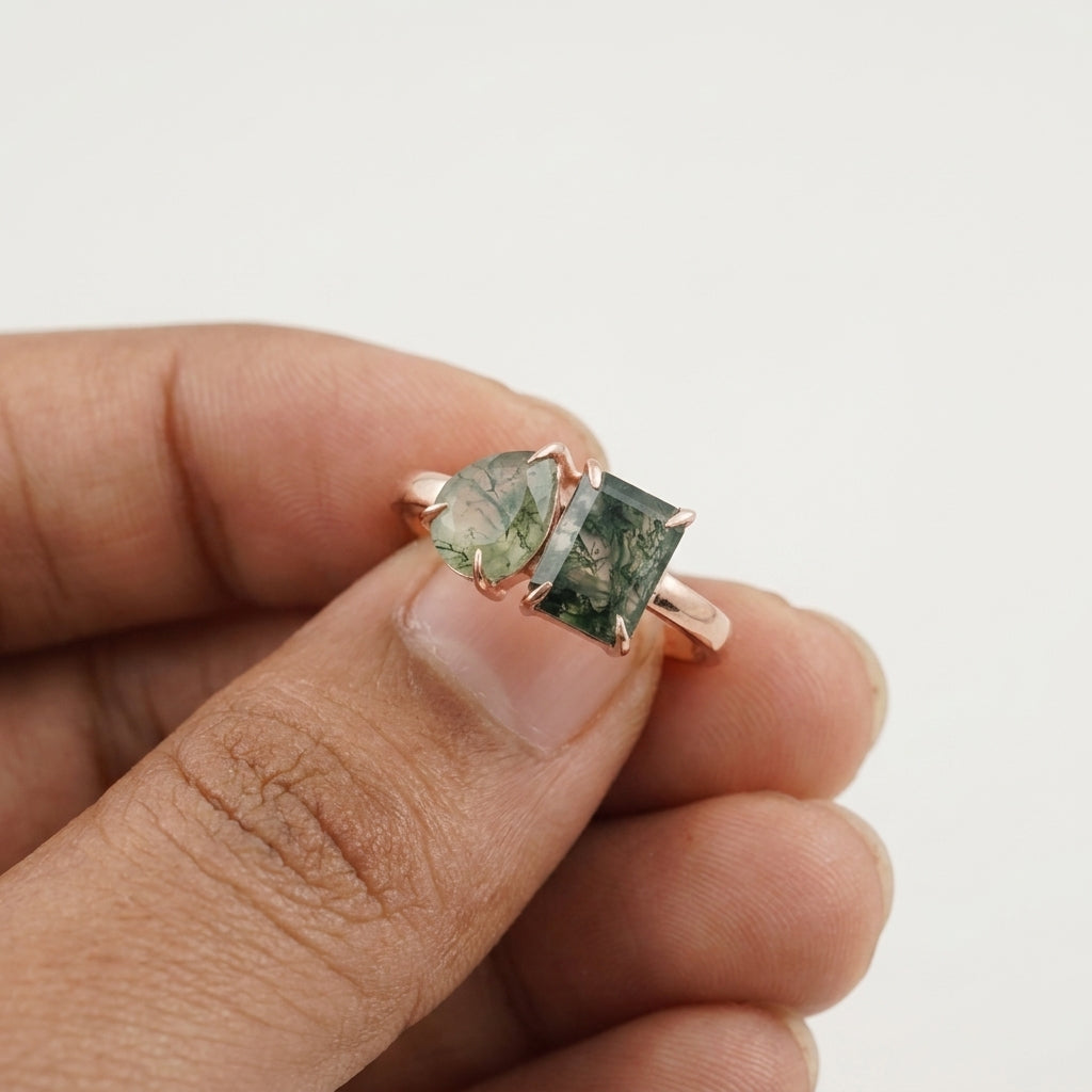 Toi Et Moi Moss Agate Emerald & Pear Cut Ring With Model Hand