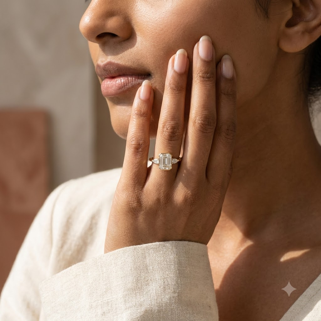 Emerald Cut Moissanite Engagement Ring With Model