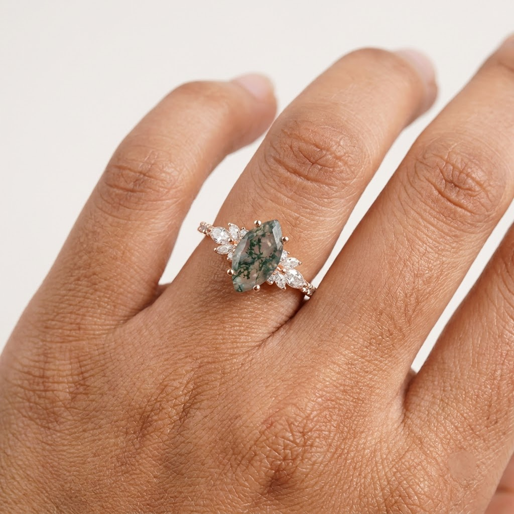 Vintage Marquise Moss Agate Engagement Ring WIth Model Finger