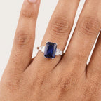 Emerald Blue Sapphire Silver Engagement Ring WIth Model Finger