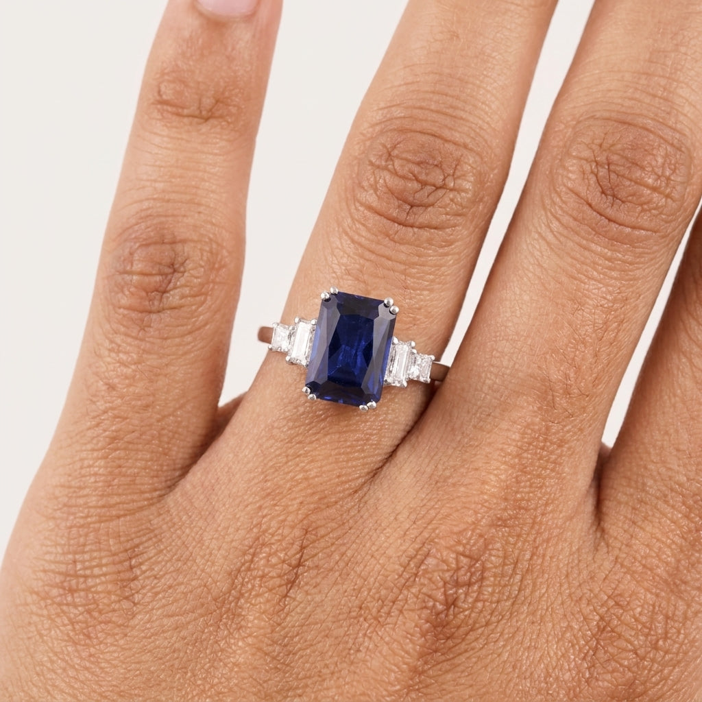Emerald Blue Sapphire Silver Engagement Ring WIth Model Finger