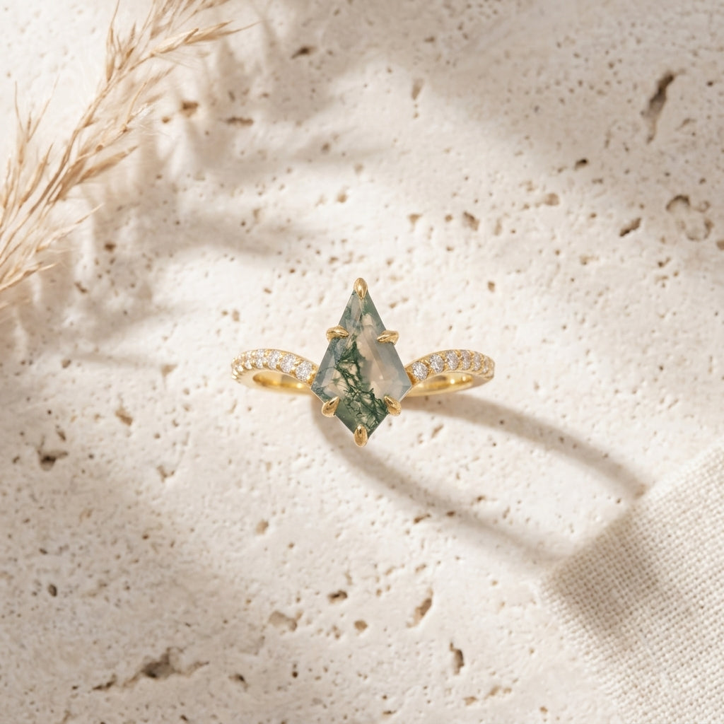 Kite Moss Agate Halo Diamond Engagement Ring STand On table