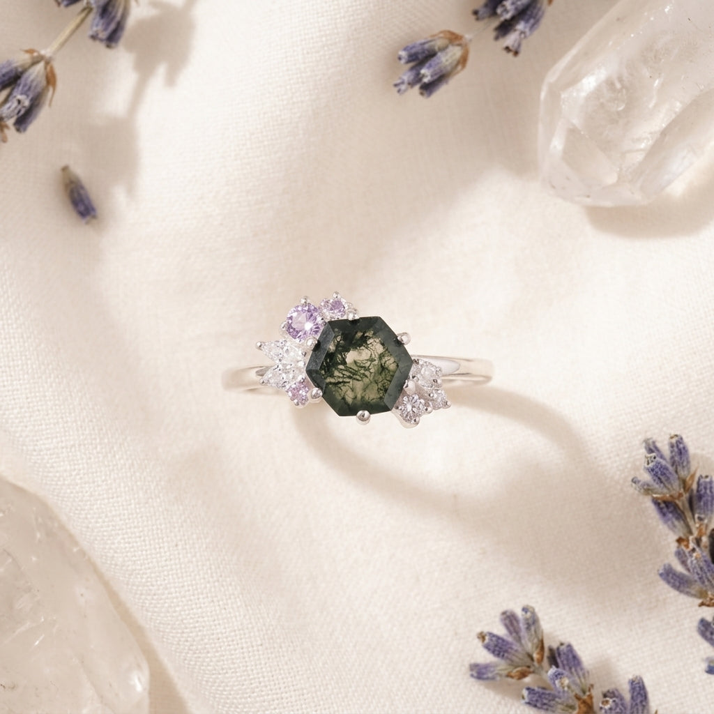 Hexagon Cut Moss Agate Cluster Art Deco Ring keep on table