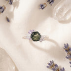 Hexagon Cut Moss Agate Cluster Art Deco Ring keep on table