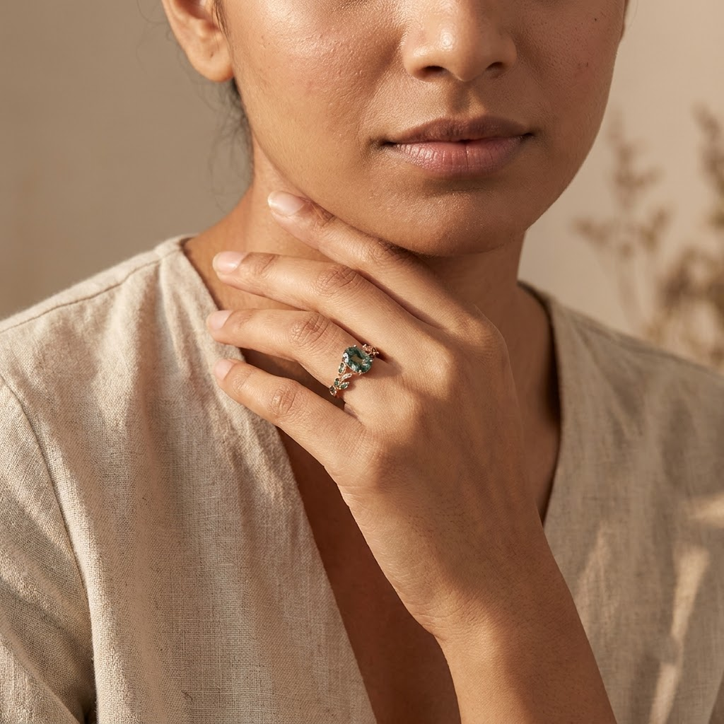 Oval Moss Agate Leaf Vintage Bridal Gold Engagement Ring With Model