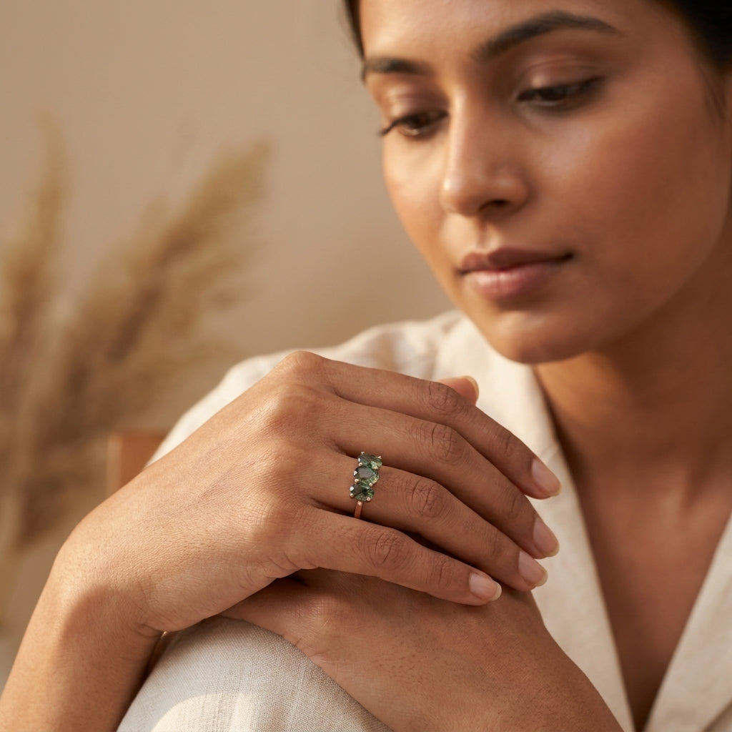 Oval Moss Agate Stacking Ring Three Stone Ring With Model