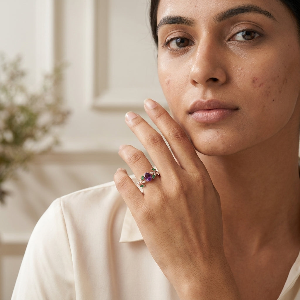 Oval Amethyst & Emerald CZ Cluster Engagement Ring With Model