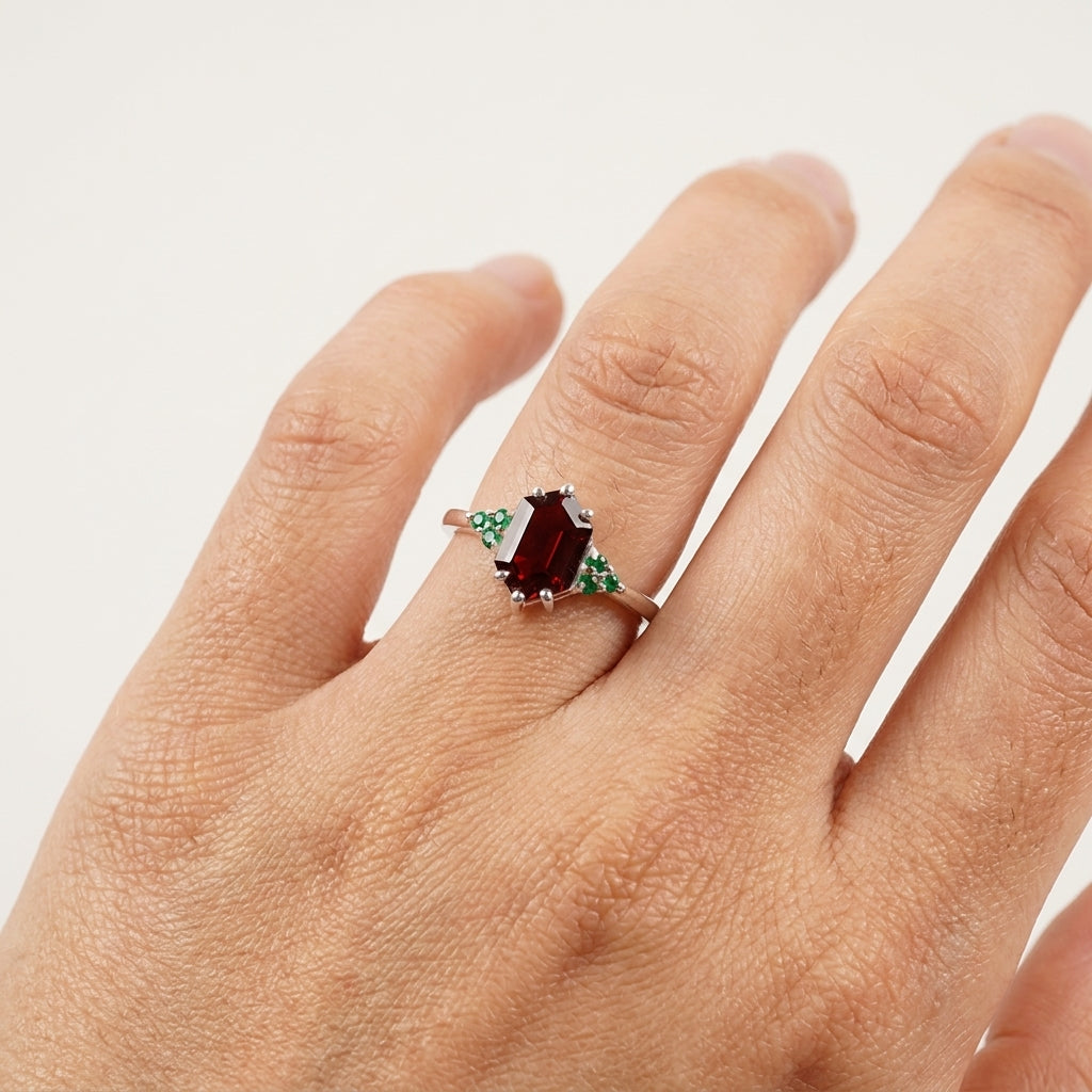 Hexagon Cut Red Garnet Gemstone Cluster Ring With Model Finger