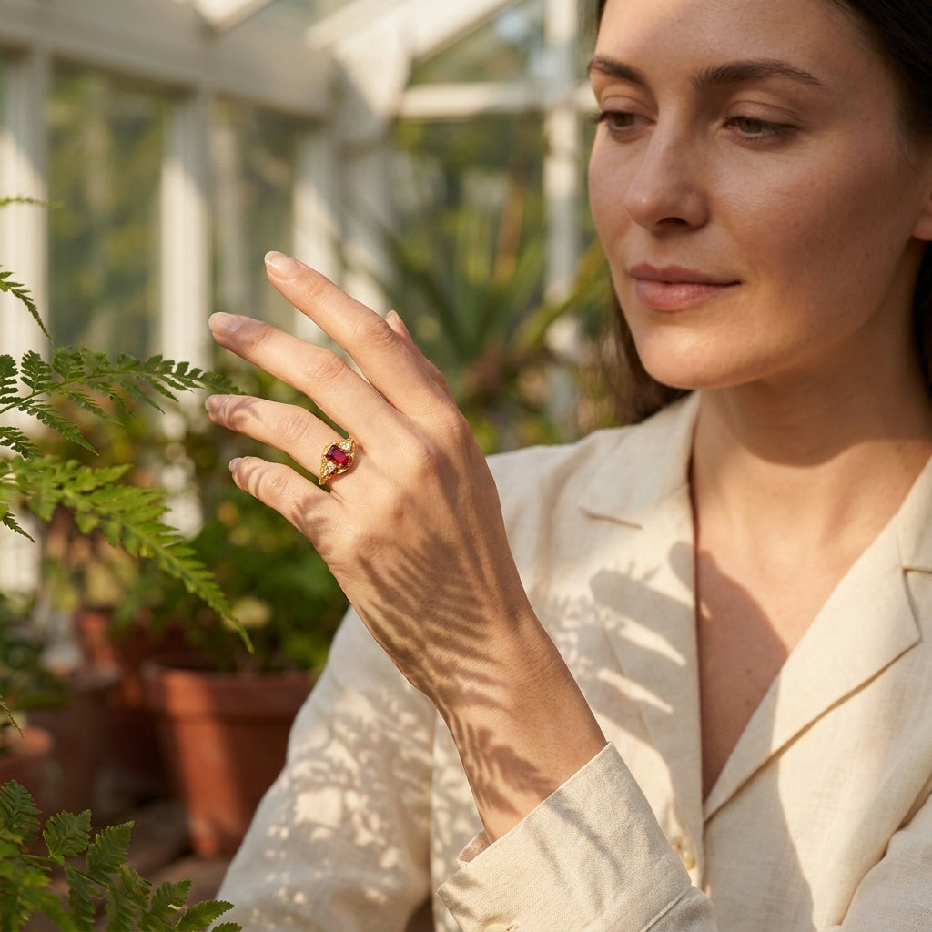Emerald Cut Ruby Nature Inspired Leaf Gold Stacking Ring With Model