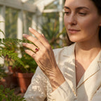 Emerald Cut Ruby Nature Inspired Leaf Gold Stacking Ring With Model