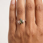 Kite Shaped Moss Agate Marquise Diamond Engagement Ring With Model Finger