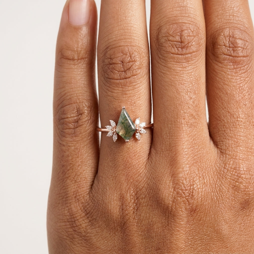 Kite Shaped Moss Agate Marquise Diamond Engagement Ring With Model Finger