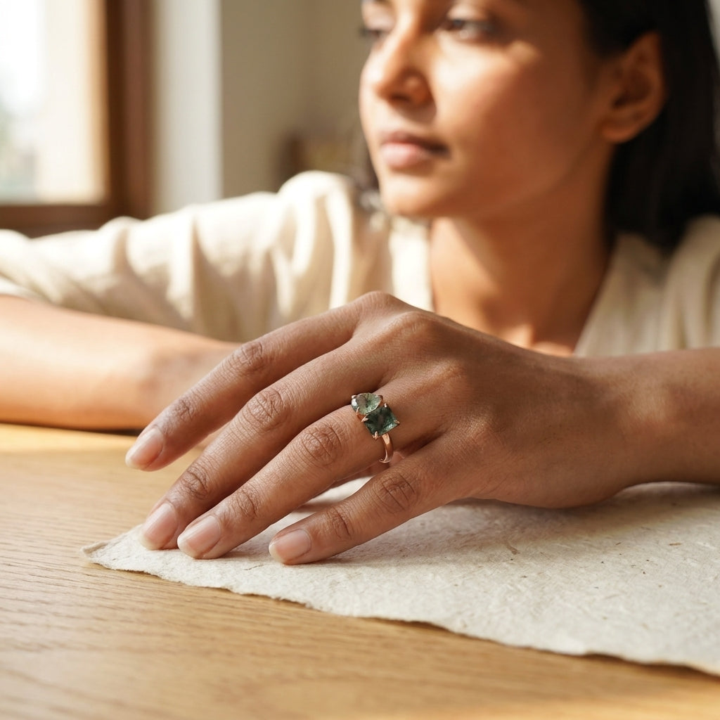Toi Et Moi Moss Agate Emerald & Pear Cut Ring With Model Finger