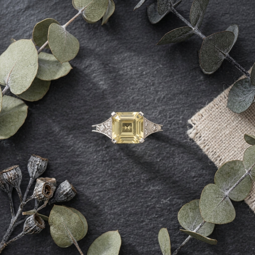 Yellow Moissanite Asscher Cut Engagement Ring on Table