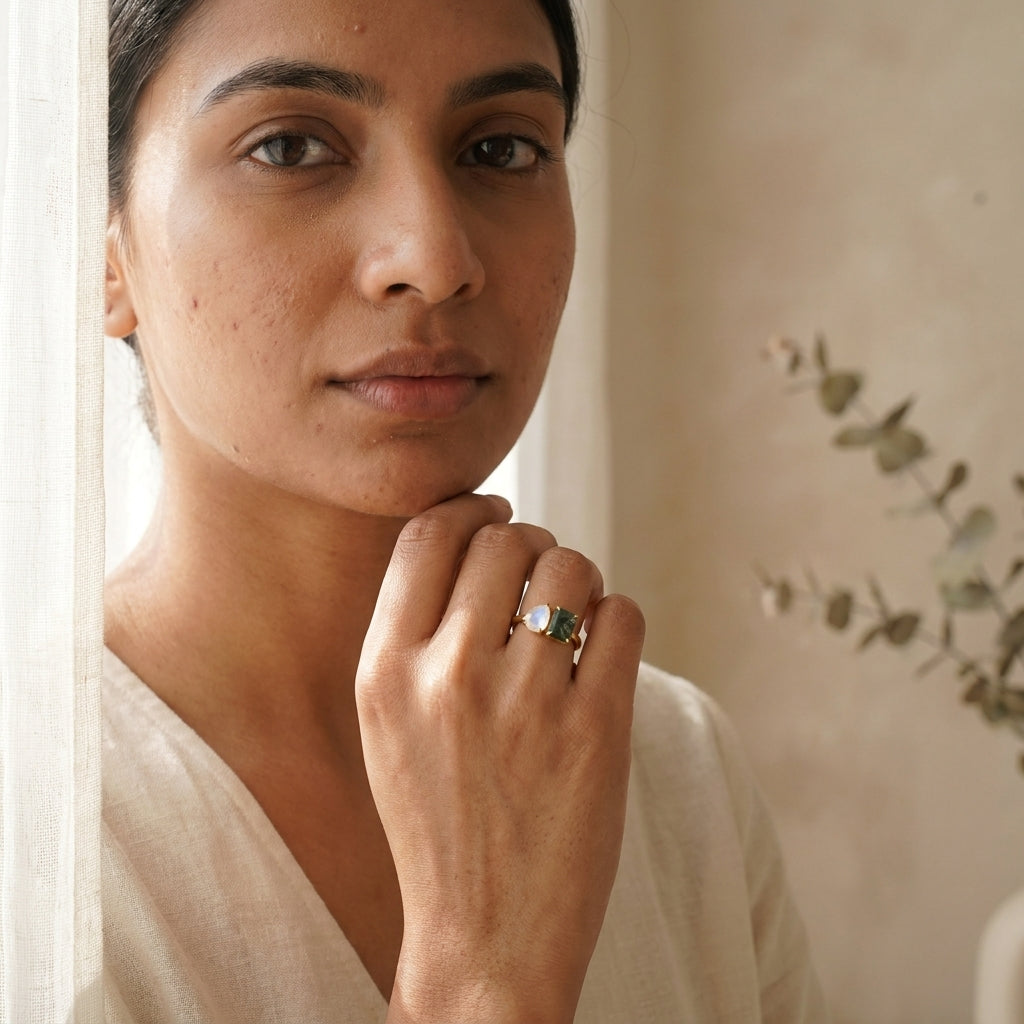 Double Stone Moss Agate And Moonstone Toi Et Moi Engagement Ring With Model