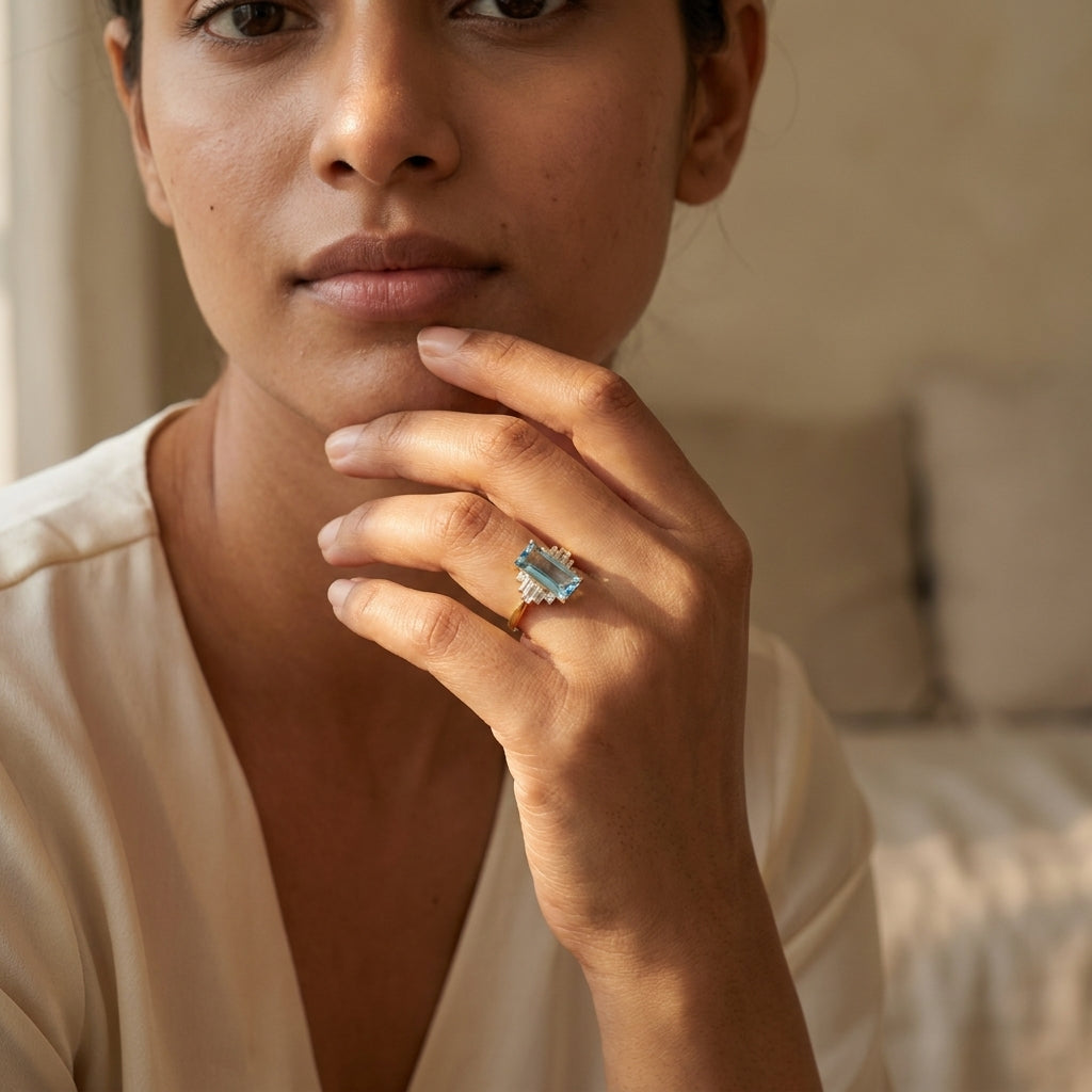 Antique Aquamarine and Moissanite Engagement Ring With Model