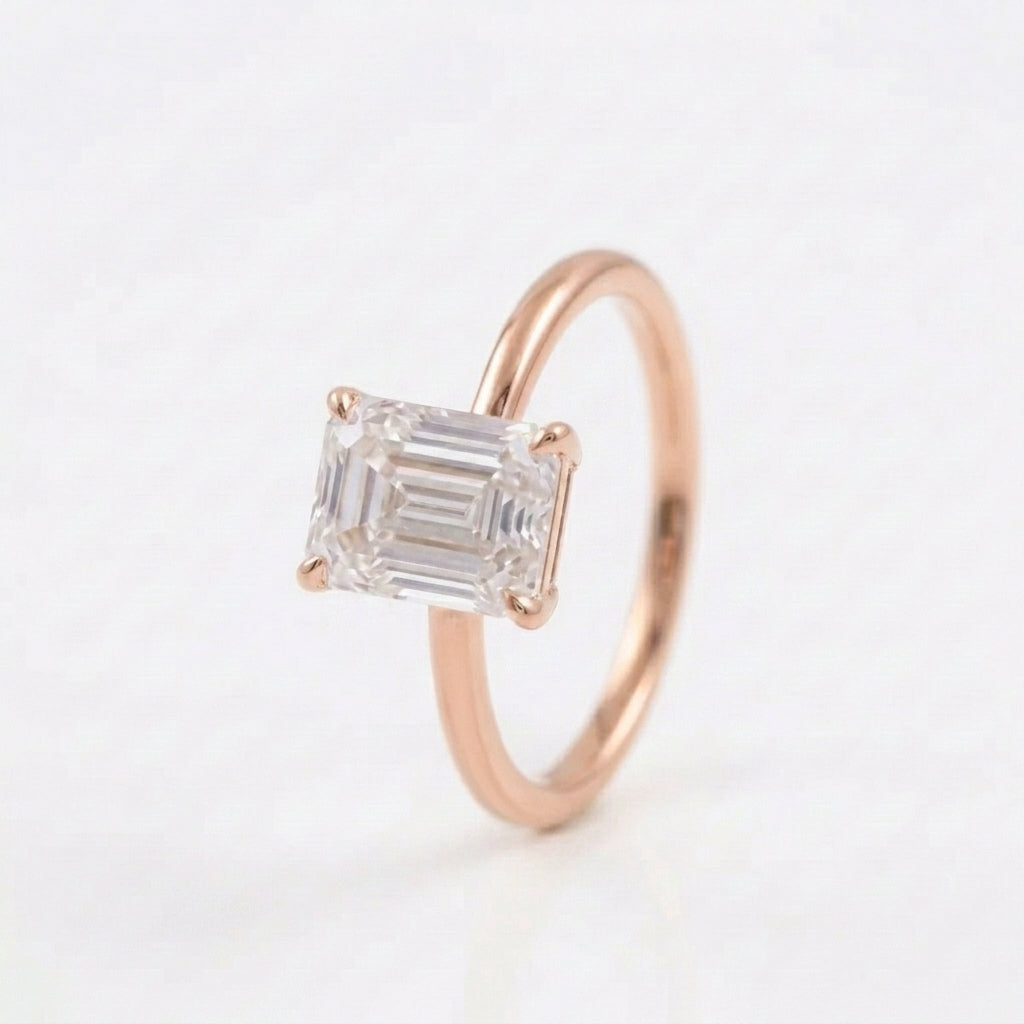 Emerald Cut Moissanite Diamond Solitaire Engagement Rose Gold Ring