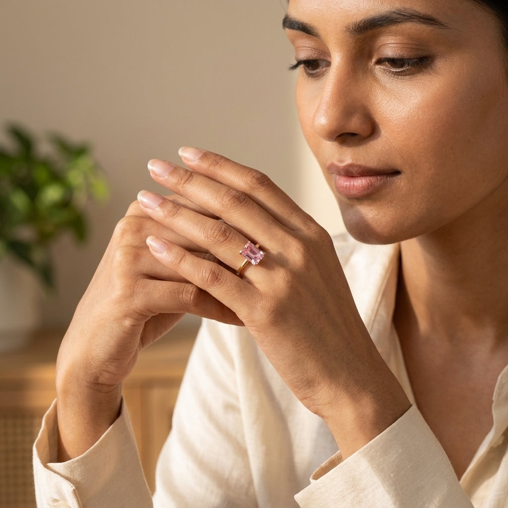 Emerald Pink Sapphire Gold Engagement Ring With Model