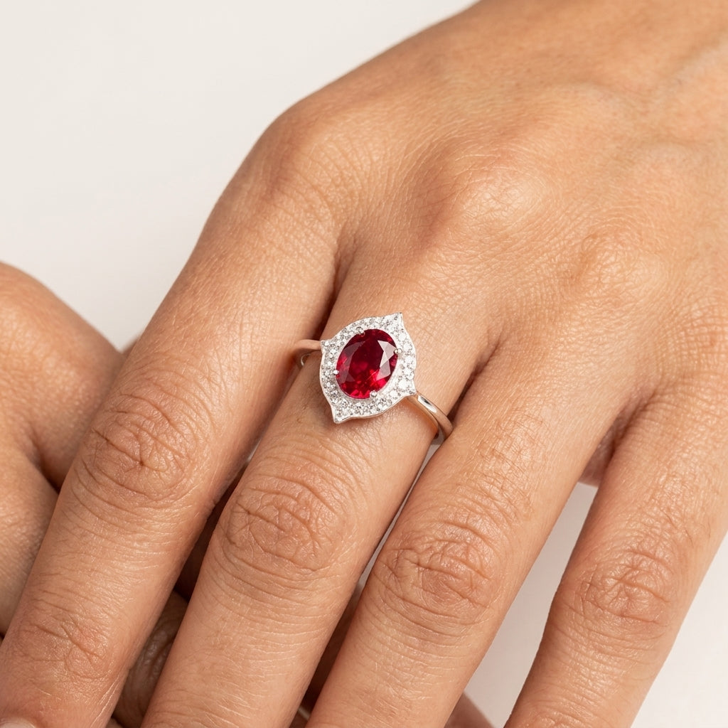 Oval Cut Red Ruby Ring With Model Finger
