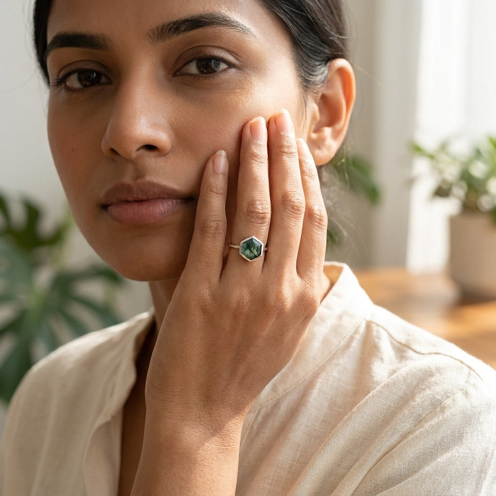 Hexagon Cut Moss Agate Bezel Set Engagement Ring With Model