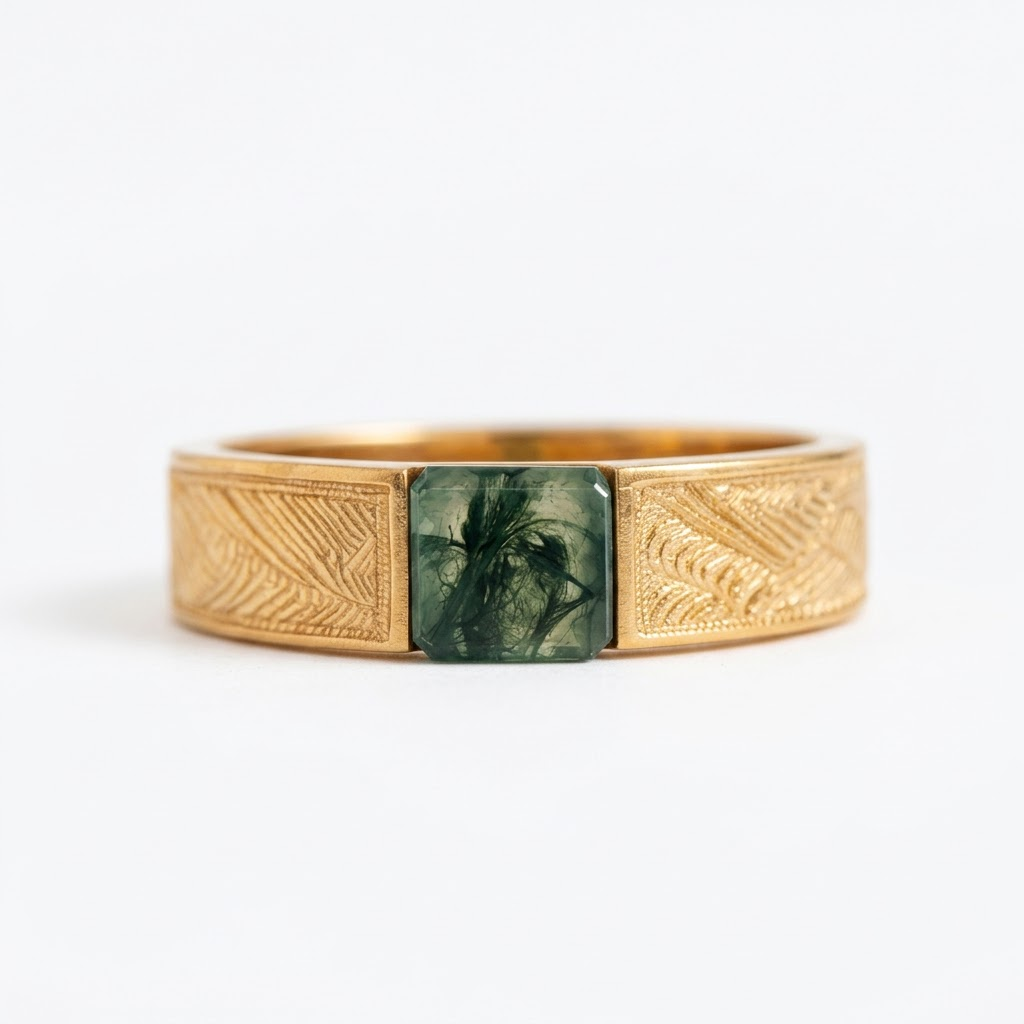 Natural Unique Green Moss Agate Men Gold Wedding Band