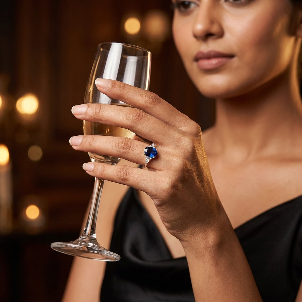 Oval Cut Blue Sapphire Sterling Silver Engagement Ring With Model
