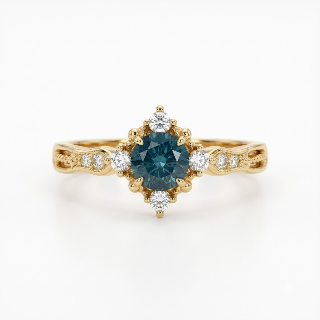 Round London Blue Topaz Vintage November Birthstone Gold Ring