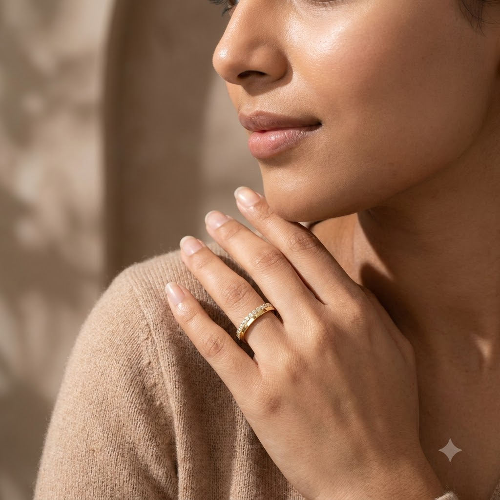 14K Gold Moissanite Half Eternity Band With Model