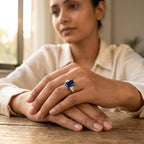Emerald Blue Sapphire Silver Engagement Ring With Model