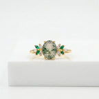 Oval Moss Agate Marquise Emerald And CZ Gold  Engagement Ring