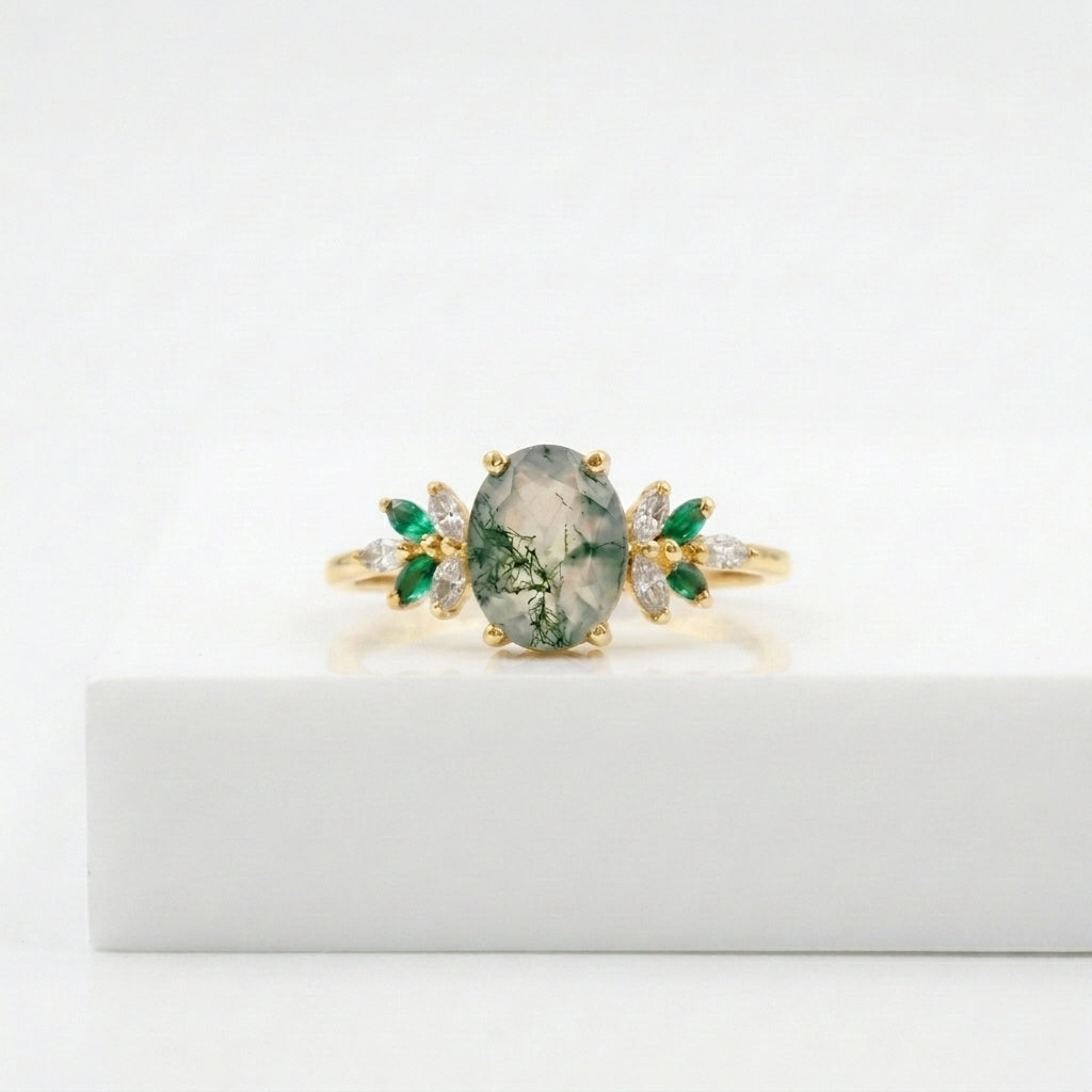 Oval Moss Agate Marquise Emerald And CZ Gold  Engagement Ring